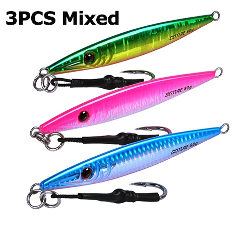 3pcs Mixed Color Goture рыболовные приманки для моря, металлический джиг 80 г/100 г/150 г, свинцовая Рыбная ложка, вертикальная приманка для джига, приманка с крюком, воблеры для рыбалки - Цвет: 3pcs Mixed Color