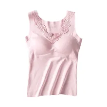 Женский осенне-зимний однотонный бесшовный кружевной плотный топ на бретелях со встроенным бюстгальтером, модные сексуальные теплые облегающие топы, Новинка