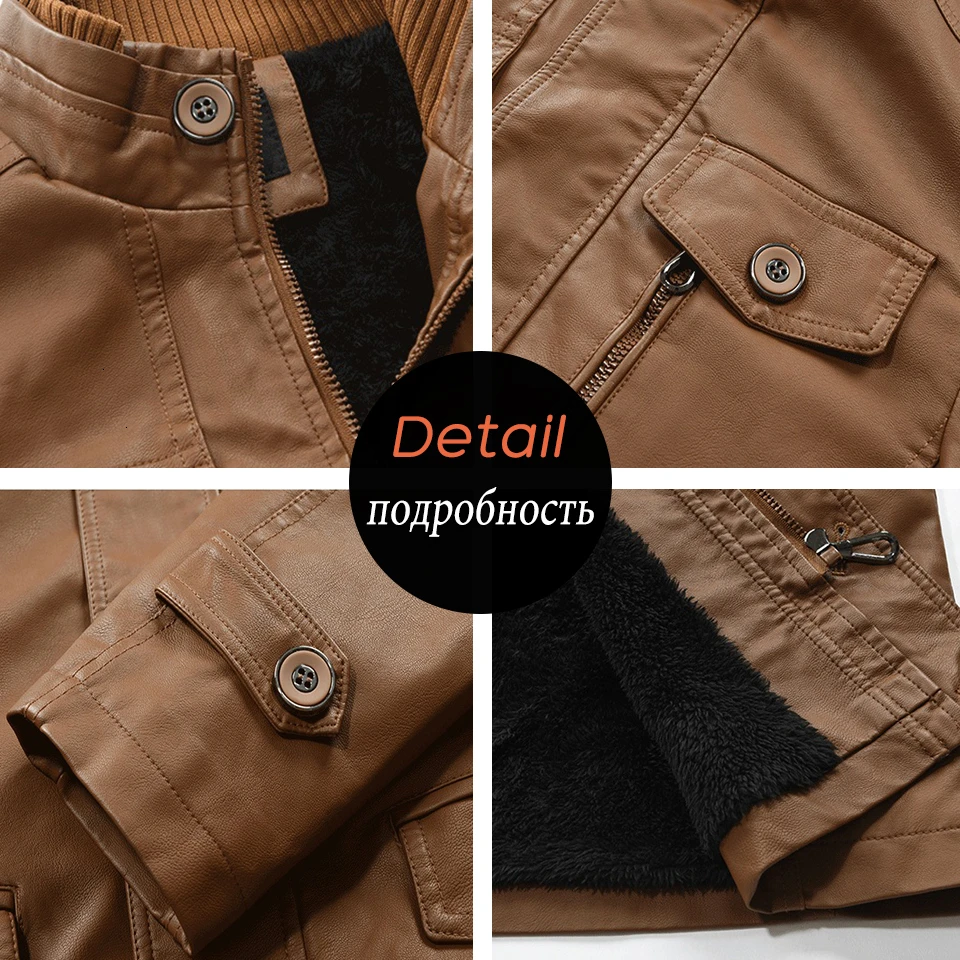 Oumor Men Winter Casual Long Warm Fleece PU Leather Jacket Coat Men Outwear Brand Thick Punk Motor Vintage Leather Jackets Men