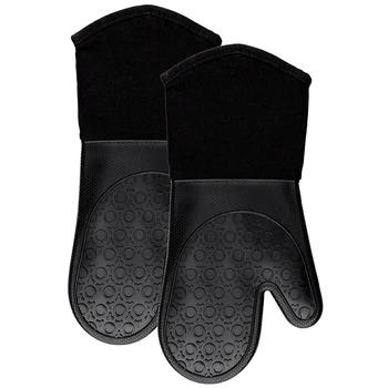 

Fashion-Silicone Oven Mitts With Quilted Cotton Lining - Professional Heat Resistant Potholder Kitchen Gloves - 1 Pair (Black)