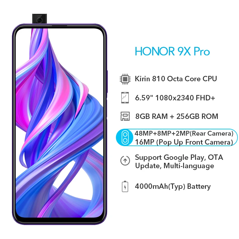 Google Play Honor 9X Pro, 8 ГБ ОЗУ, 256 Гб ПЗУ, Восьмиядерный процессор Kirin 810, 4000 мА/ч, LiquidCool, задний, 48 МП, всплывающий, передний, 16 Мп, 6,59 дюйма