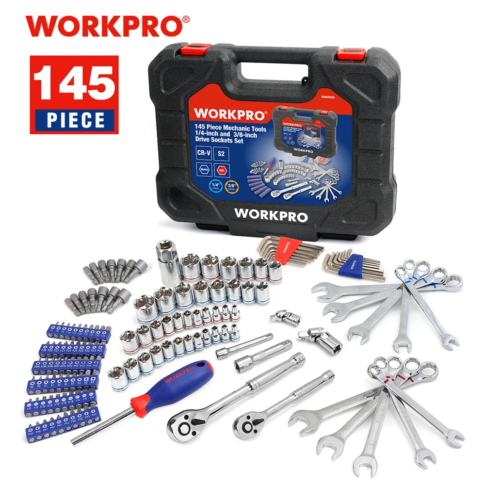 Workpro 145pc Tools Set For Car Repair Ratchet Wrenches 1/4" And 3/8" Dr. Socket Set Wrench Set