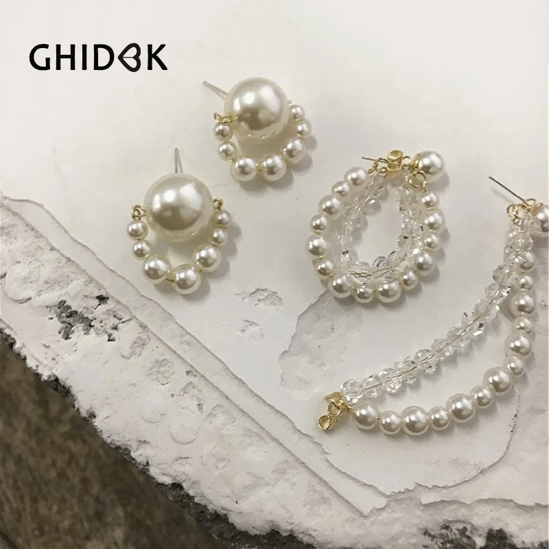 

GHIDBK Bohemian White Pearl Circle Stud Earrings Dainty Fake Pearl and Crystal Layered Earring Studs Bridal Stud Wedding Jewelry