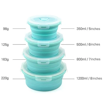 

New 4Pcs Round Silicone Foldable Food Storage Boxes With Front Cover Washable Dishwasher and Refrigerator
