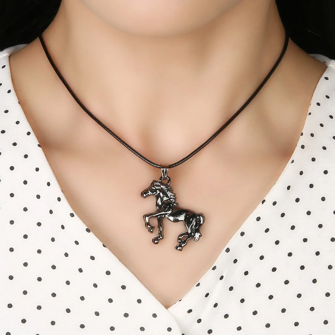 Stainless Steel Vintage Running Horse Pendant Leather Chain For Men Special Silver/Grey Color Long Choker Necklace For Women