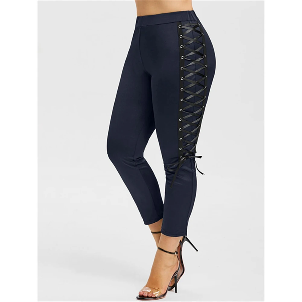 Fashion Women Plus Size Mid Waist Lace Up Leggings Autumn Solid Color Long Casual Legging