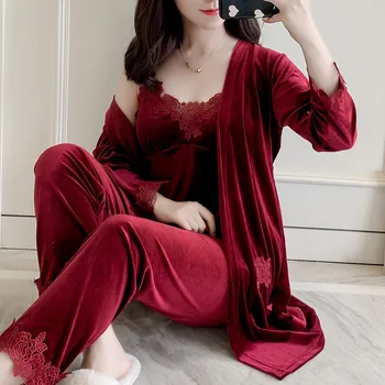 

Flower Sleep Set Velour Home Clothing 3pcs Pajamas Suit Pijamas Casual Lounge Robe Gown Sleepwear Winter New Velvet Nightwear