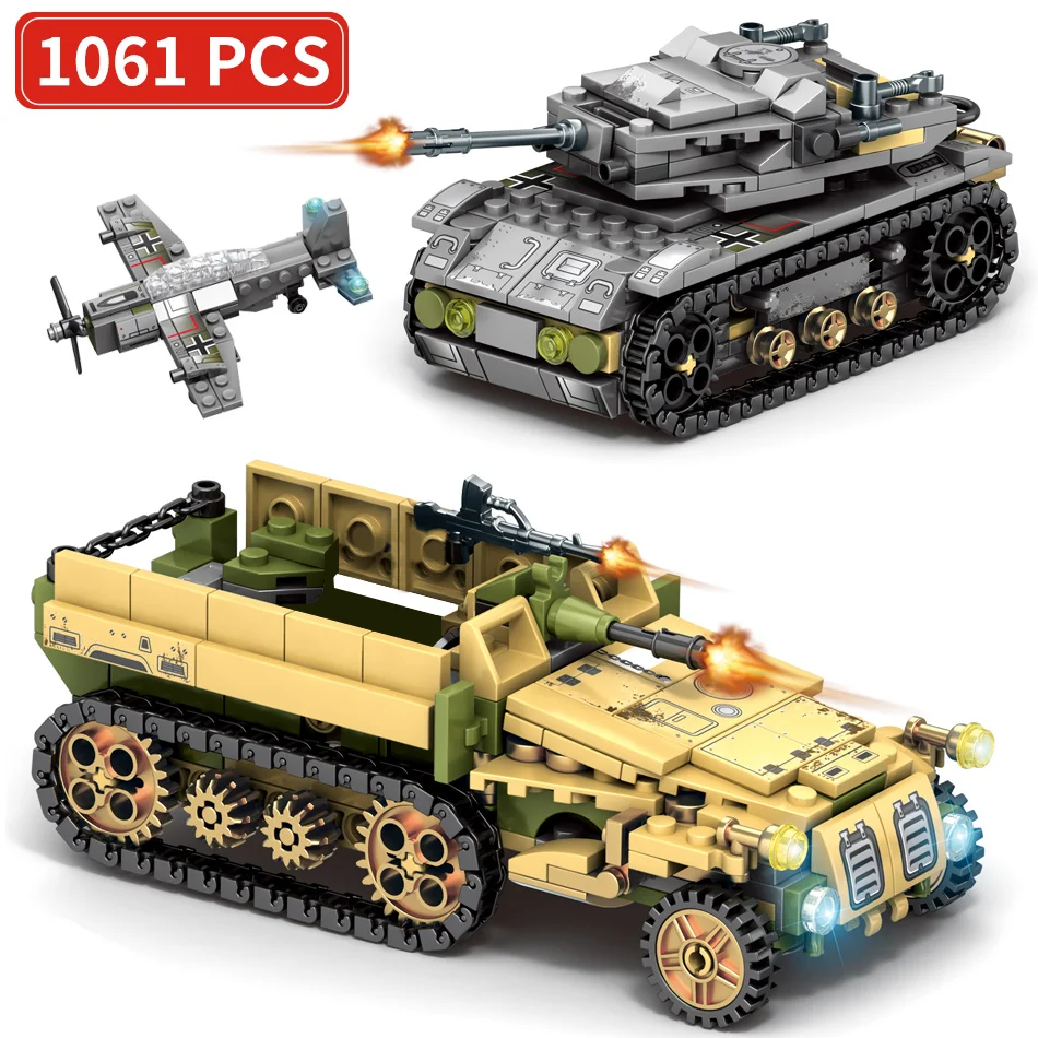 Online 1061PCS 8in2 WW2 Armee lkw Tank Baustein Military Auto flugzeug Waffe Soldat Figur kompatibel legoing modell Ziegel Spielzeug für Kinder