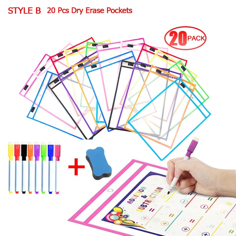 A4 Wipe Clean Pockets Drawing Writing Colouring Dry-Erase Markers New Q7C2 