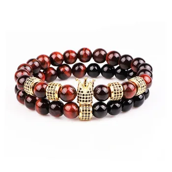 High quality Luxury men bracelet CZ crown charm natural stone  A grade tiger eye onyx women bracelet gift