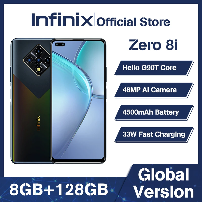 100% original infinix zero 8i versão global mobilephone 6.85 polegada 90hz helio g90t octa núcleo 8gb 128gb 33w carga super