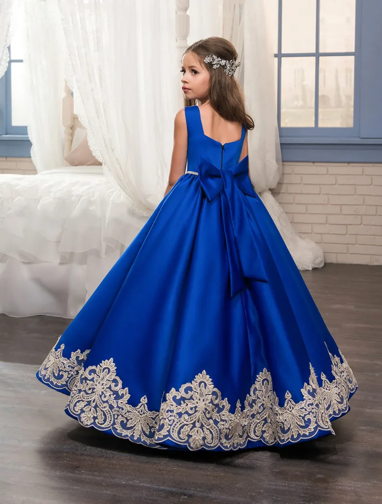 Королевский синий цвет, 2019 г., Платья с цветочным узором для девочек на свадьбу, бальное платье, кружевное атласное с аппликацией, длинные