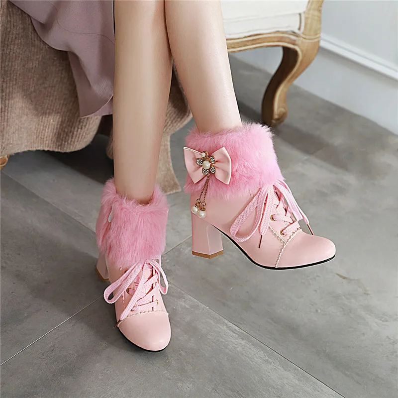 YMECHIC/ г.; модные милые туфли принцессы в стиле Лолиты; розовые женские зимние ботинки на высоком каблуке со шнуровкой и бантиком из искусственного меха; ботильоны; большие размеры 34-43