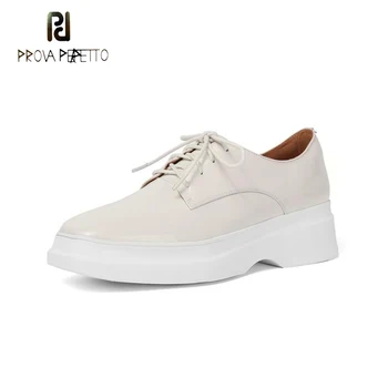 

Prova Perfetto genuine leather lace up muffin shoes women square toe platform flat leisure style shoes concise all match shoes