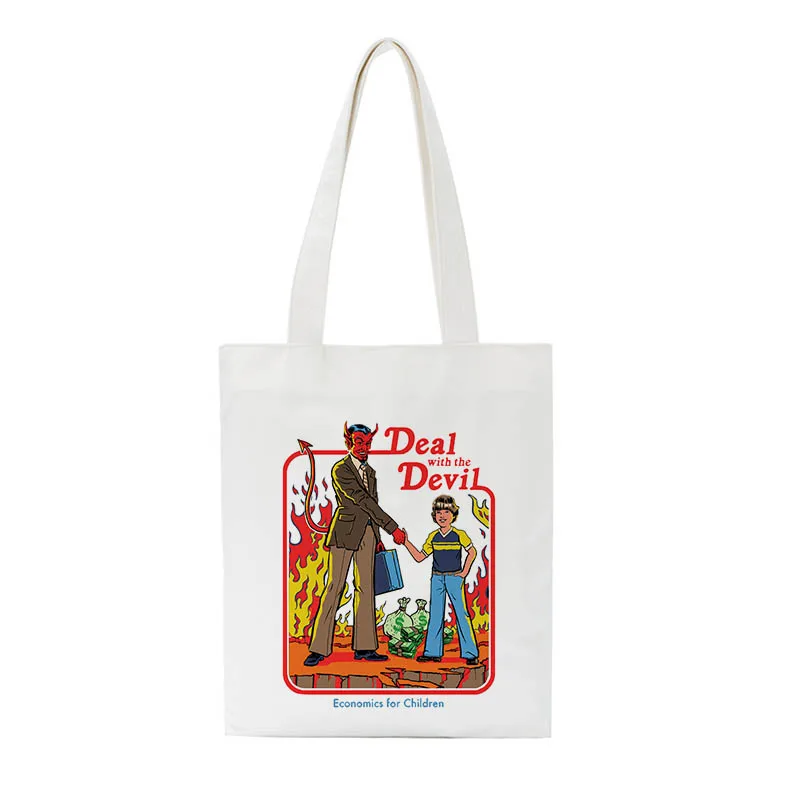 

Deal with the devil letter print Vintage Harajuku casual female canvas shoulder bag fun cartoon summer Ulzzang bags