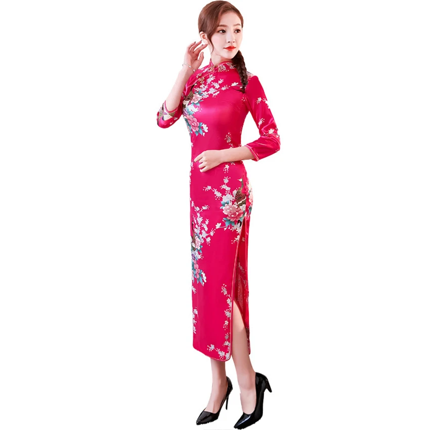 Традиционное китайское Ципао платье для женщин атласное Павлин длинное китайское платье-Ципао с рукавами платья для вечеринки свадьбы одежда для взрослых S-6XL