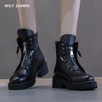 

Fashion Ankle Boots Winter Ankle Boots Genuine Leather Lining Work Shoes Round Toe Front Zip Women Boots Black winter boot women