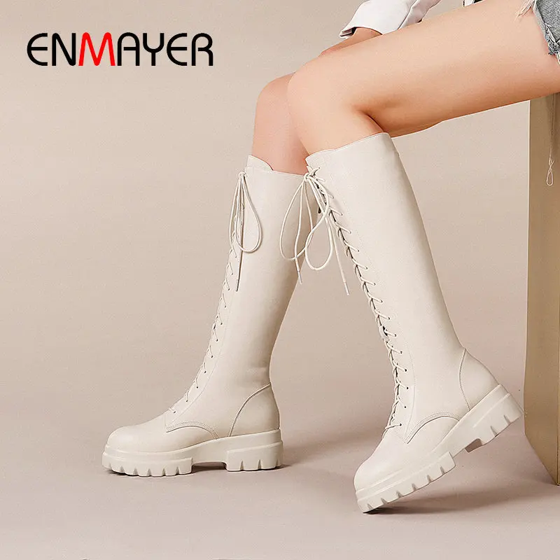 Женские мотоциклетные сапоги ENMAYER до колена из натуральной кожи на платформе с