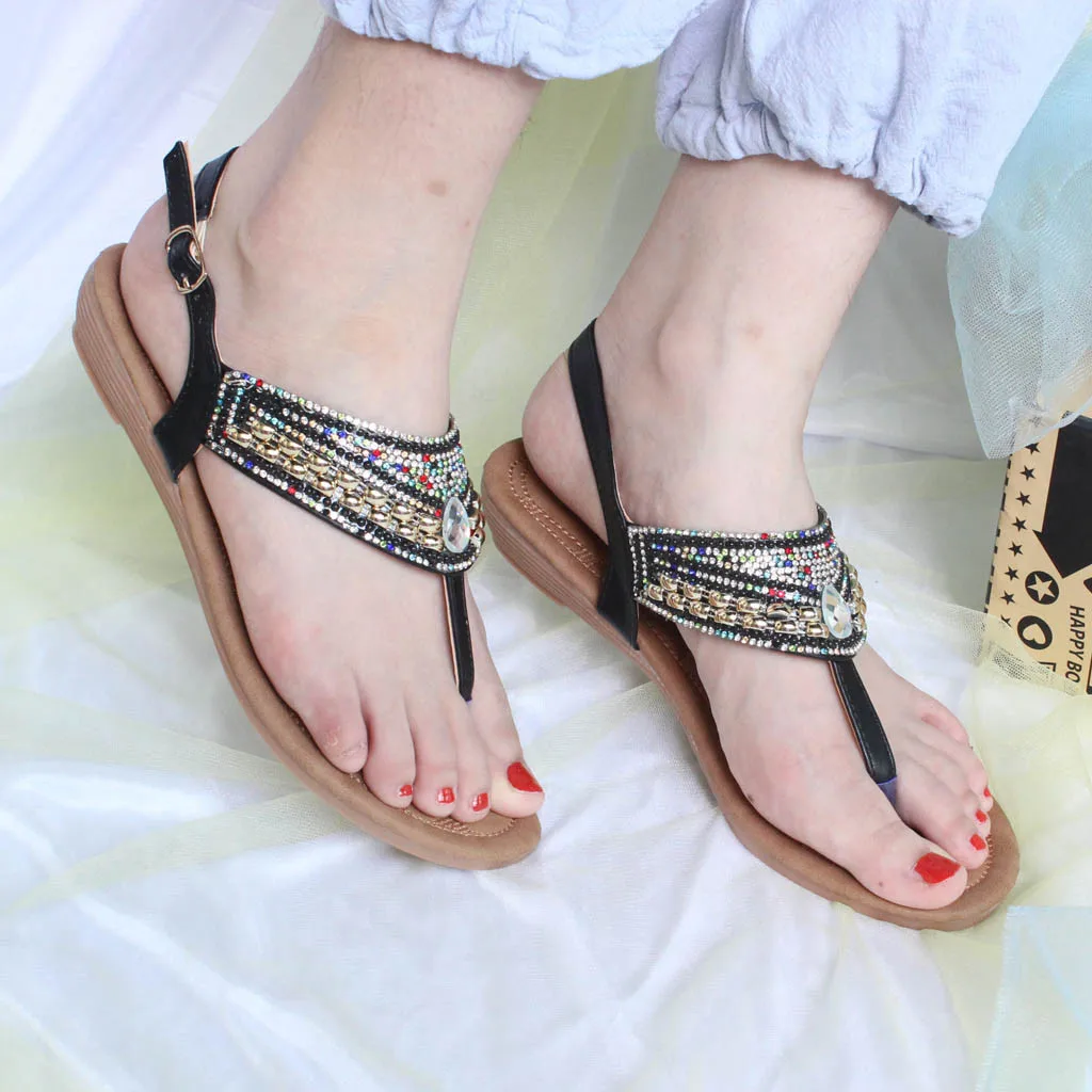 

SAGACE Summer Women Sandals Open Toe Gladiator Sandals Rhinestones Lightweight Casual Flip Flops Bohemian Beach Shoes Female