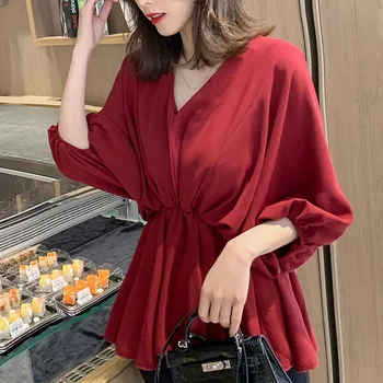 

2019 Summer Casual Chiffon Ladies Blouse Women Long Sleeve V-Neck Shirts Tops Elegant Office Ladies Blouses