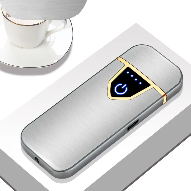 USB зарядка электрическая зажигалка сенсорный датчик переключатель двусторонний ветрозащитный беспламенный зажигалки для сигарет Рождественский подарок для мужчин - Цвет: Silvery wire drawing