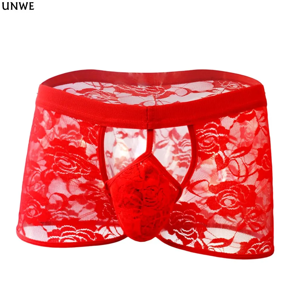 Сексуальные трусы боксеры UNWE кружевные мужские Бесшовные шелковые прозрачные