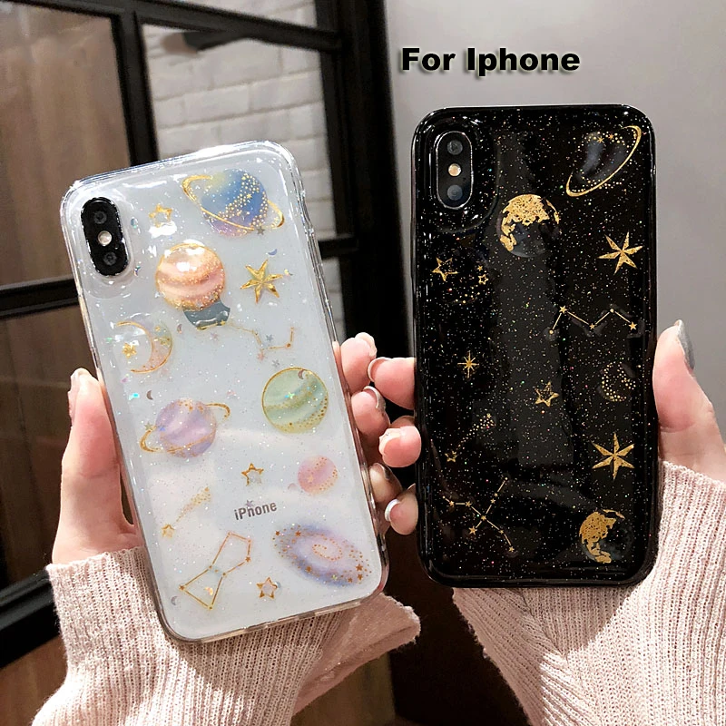 TPU Case For Iphone XS MAX XR X 7 8 PLUS 6 6S Soft Flexible Metal Glitter Moon Star Saturn Planet Shockproof Cover | Мобильные