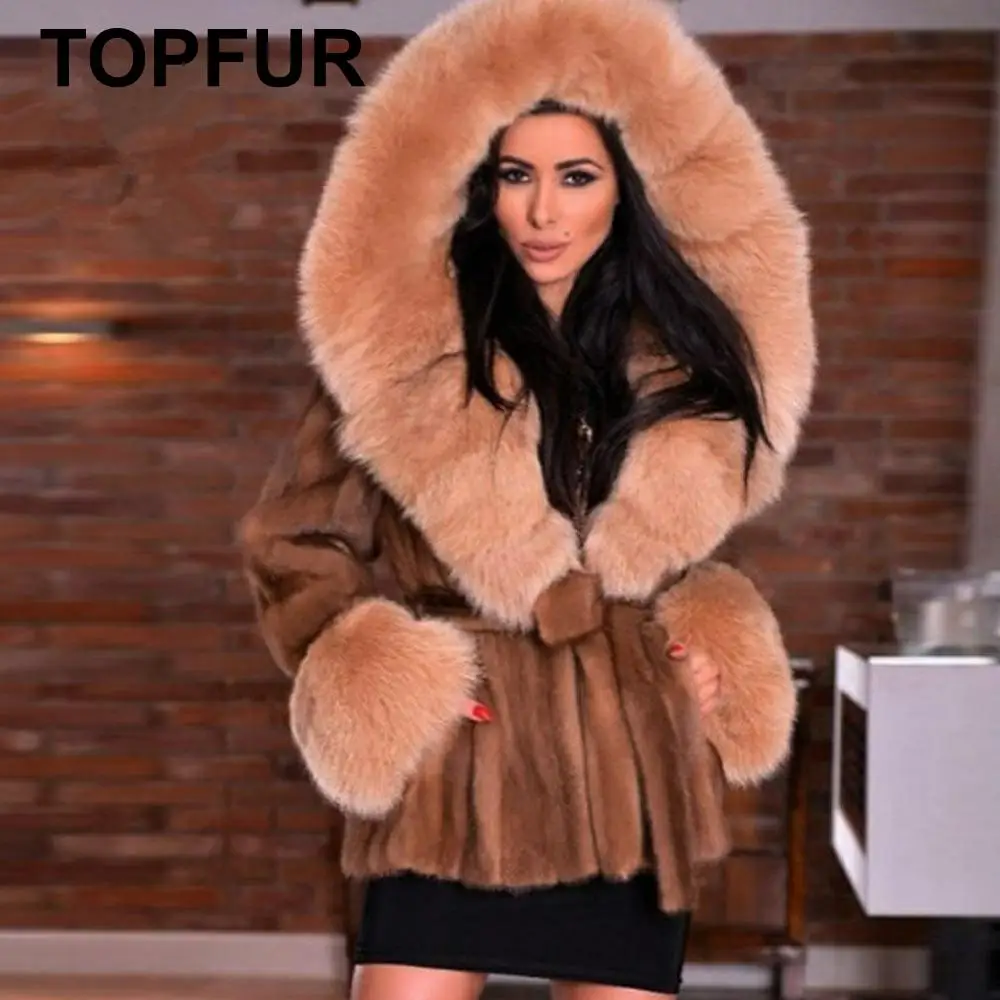 TOPFUR, зимняя короткая шуба из натурального меха для женщин, натуральный мех норки, средние шубы с поясом, длинные рукава, шубы с меховым капюшоном по индивидуальному заказу