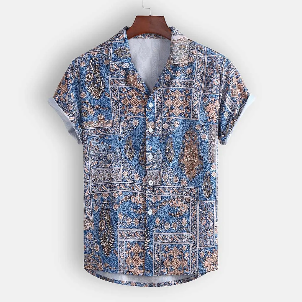 Повседневная Уличная одежда в винтажном этническом стиле, Гавайские рубашки с принтом в стиле ретро, Лоскутная Свободная Повседневная рубашка с коротким рукавом и стоячим воротником
