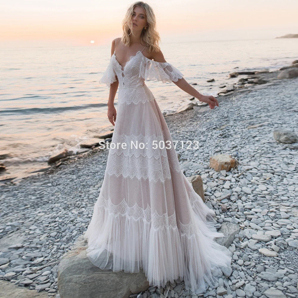 Abiti da sposa bohémien allettante Nude Champagne scollo A V Chic maniche cinghie Ruffles Lace A Line Backless abiti da sposa - immagine 4