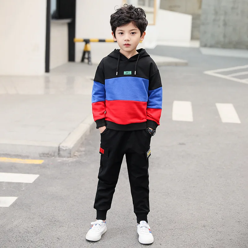 

2019 Spring New Style Korean-style BOY'S Big Boy Cool Back Embroidered Lettered Contrast Color Hoodie Two-Piece Set Fashion