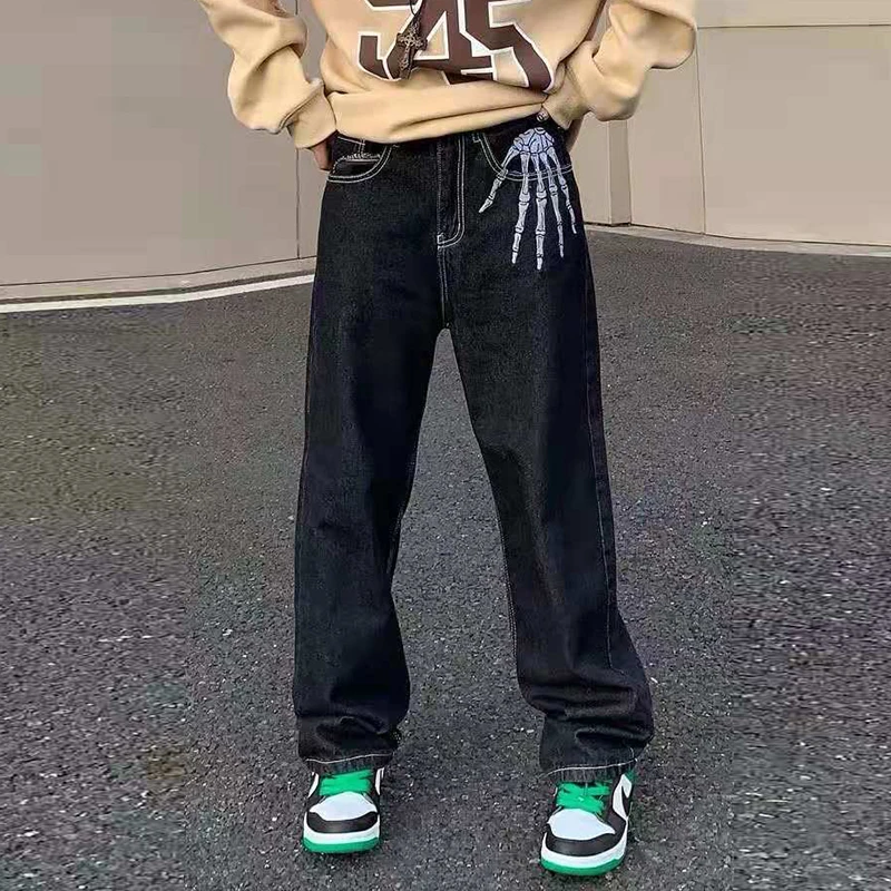 Pantaloni Jeans da uomo lavati ricamati a mano con teschio retrò pantaloni  stile denim dritto Casual Oversize Streetwear|Jeans| - AliExpress