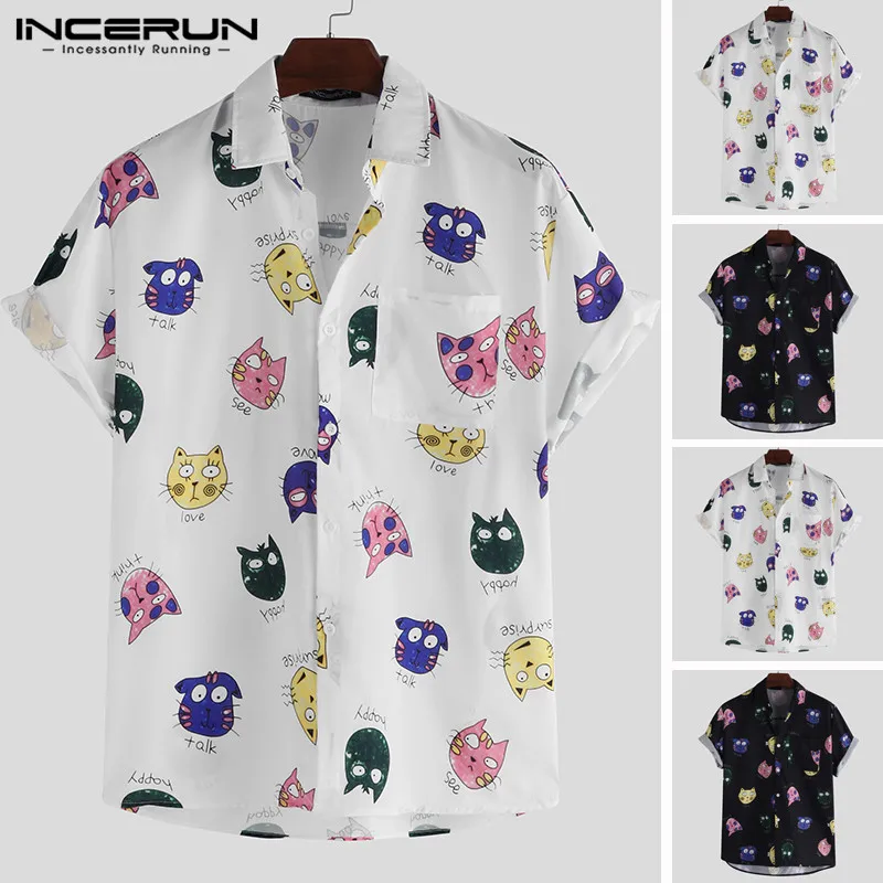 Beste INCERUN Mannen Shirt Cartoon Gedrukte Korte Mouwen Losse Casual Hawaiian Shirt Mannen Zomer Cool Fashion Streetwear Paar Shirts 2019
