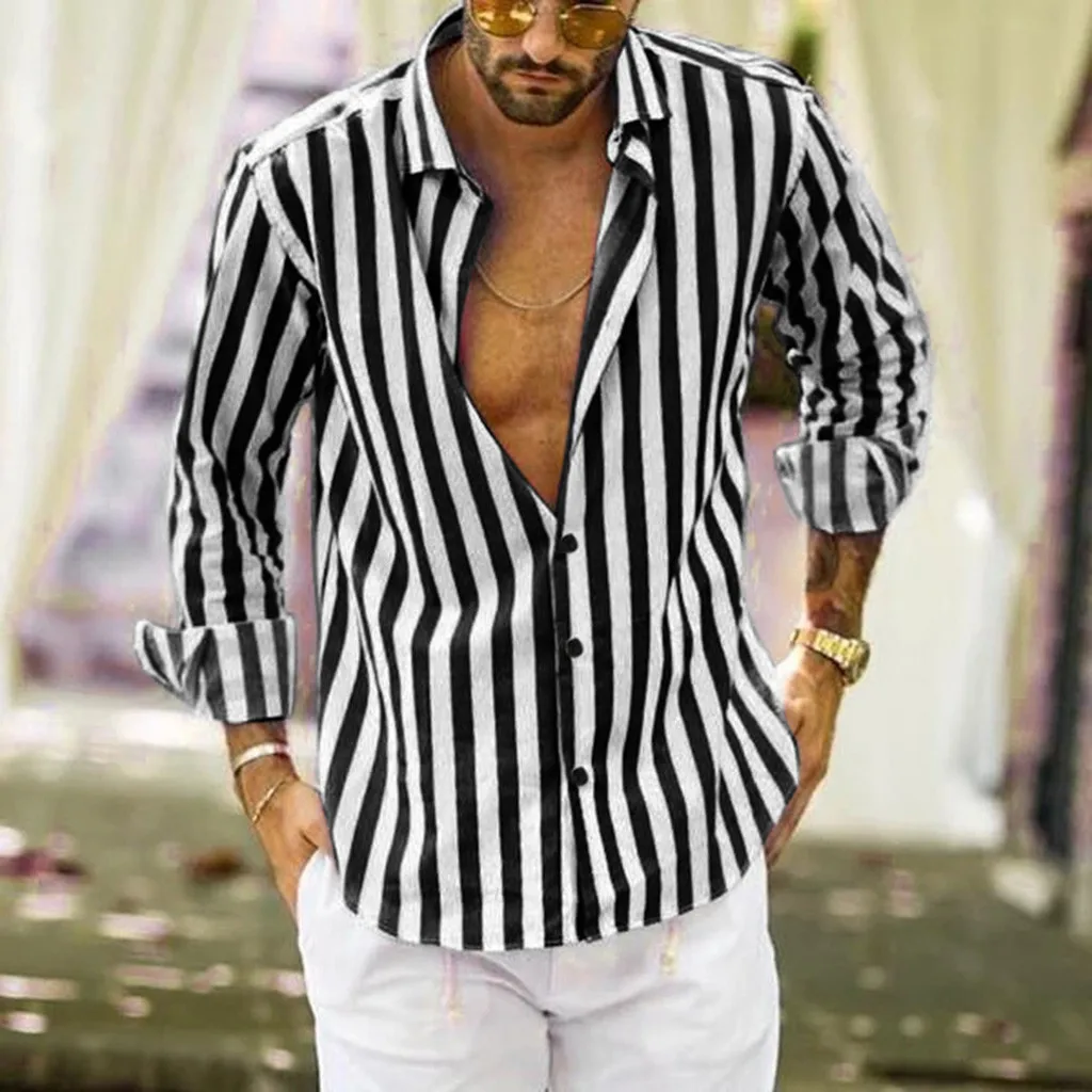Camisas de manga larga con botones para hombre, camisas de vestir informales ajustadas a rayas verticales, la moda AliExpress