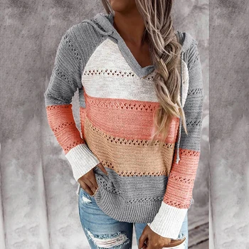

Knitted Hoodies Sweater 5XL Sexy Hollow Out V-neck Sweater Striped Sweater Women Color Patchwork Pullovers Ladies Hooded Sweater