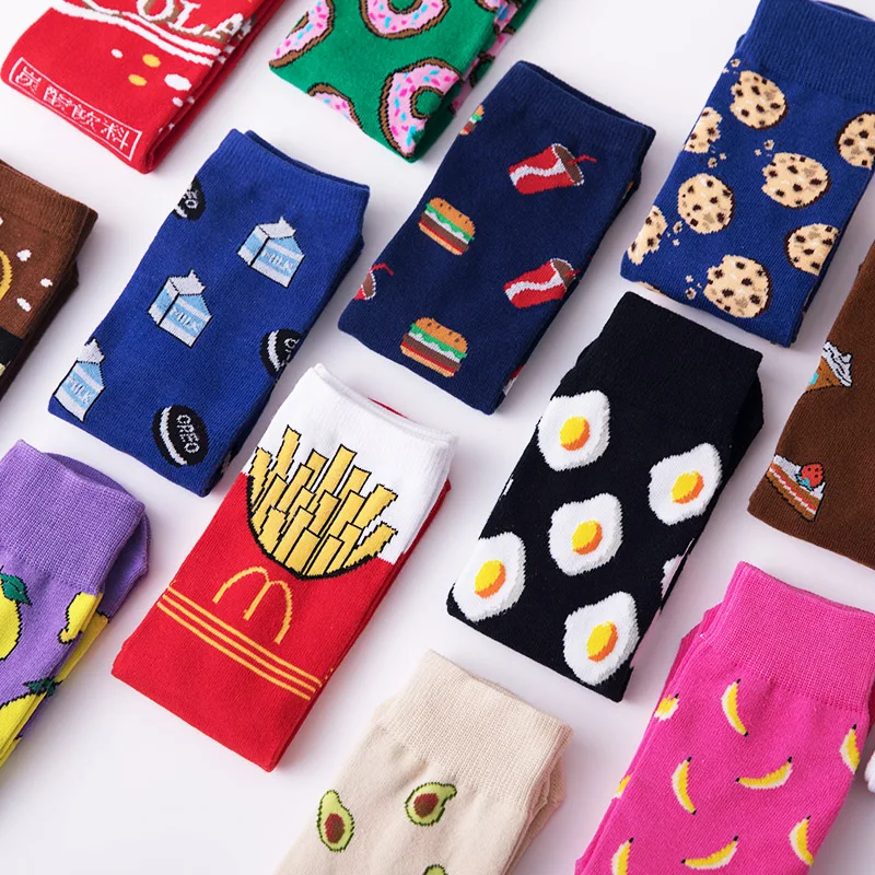 Women Socks Funny Cute Cartoon Fruits Banana Avocado Lemon Egg Cookie Donuts Food Happy Japanese Harajuku skateboard Socks womens socks