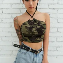 Сексуальная футболка с лямкой на шее, камуфляжный костюм, топ на подтяжках, Модный женский жилет без рукавов