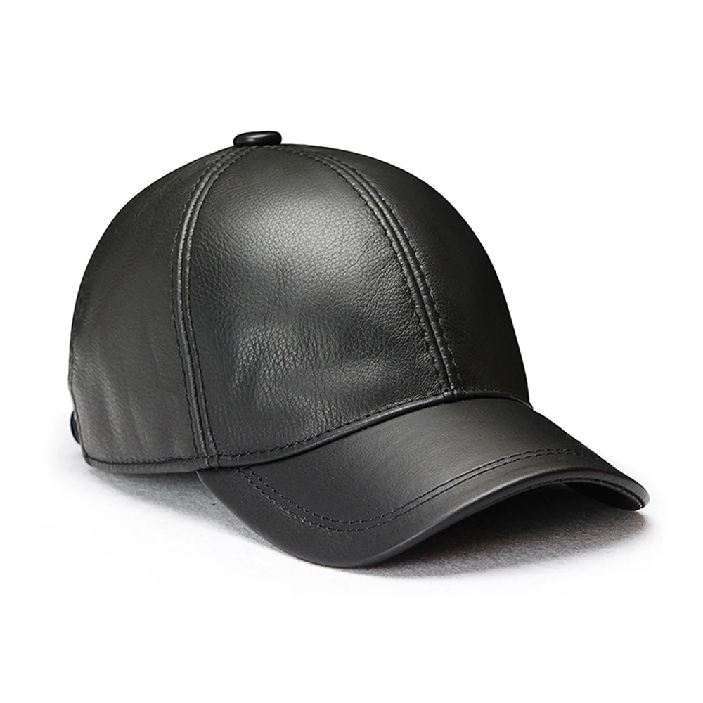 Men Real Cowhide Leather Earlap Caps Male Fall Winter 100% Real Cow Leather Hats New Casual Real Leather Outdoor Baseball Cap 2