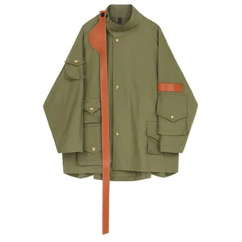 

Korea Loose Fit Split Joint Leather Big Size Jacket New Stand Collar Long Sleeve Women Coat Fashion Tide Spring 2020 1R553