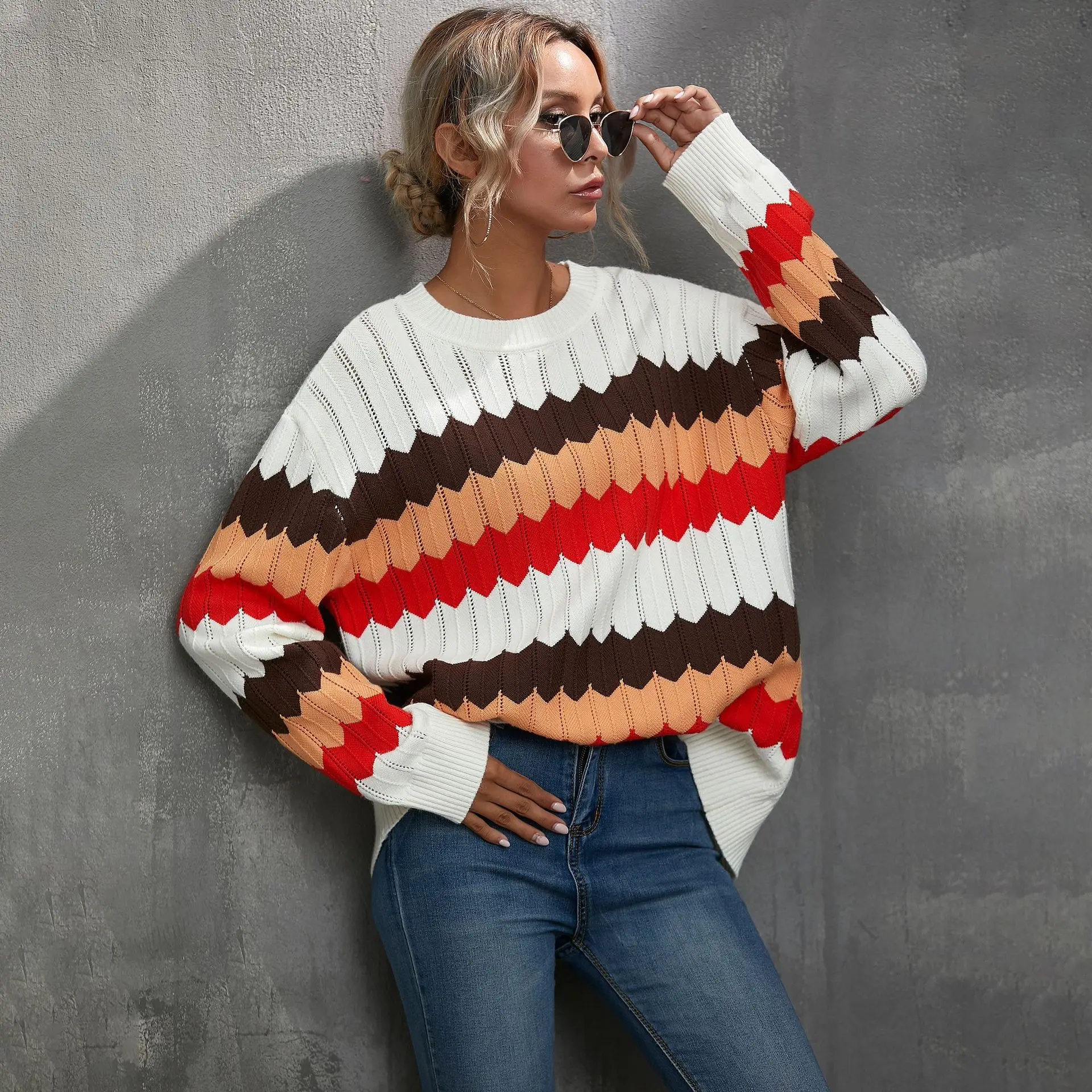 

Striped Sweater Color Matching Wavy Pattern Color Matching Sweater Casual Women's 2020 Autumn and Winter Women Sweater