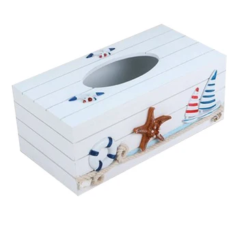 

1PC Mediterranean Decorative Tissue Box Wooden Crafts Storage Box Home Desktop Decoration (White Box Lifebuoy Star Sailing)