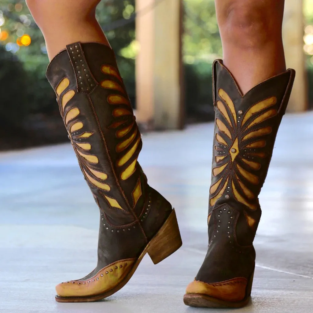 

Vintage Retro Rivets Bohemian Long Boots Women's Flats Square Head Low-heeled Western Rodeo Slip-On Boots Female Winter Boots