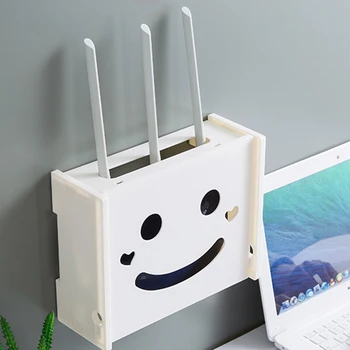 

Cute Smiling Face WiFi Router Storage Box Plastic Wall Mount Floating Shelf Storage Rack Cable Power Plug Wire Organizer Box
