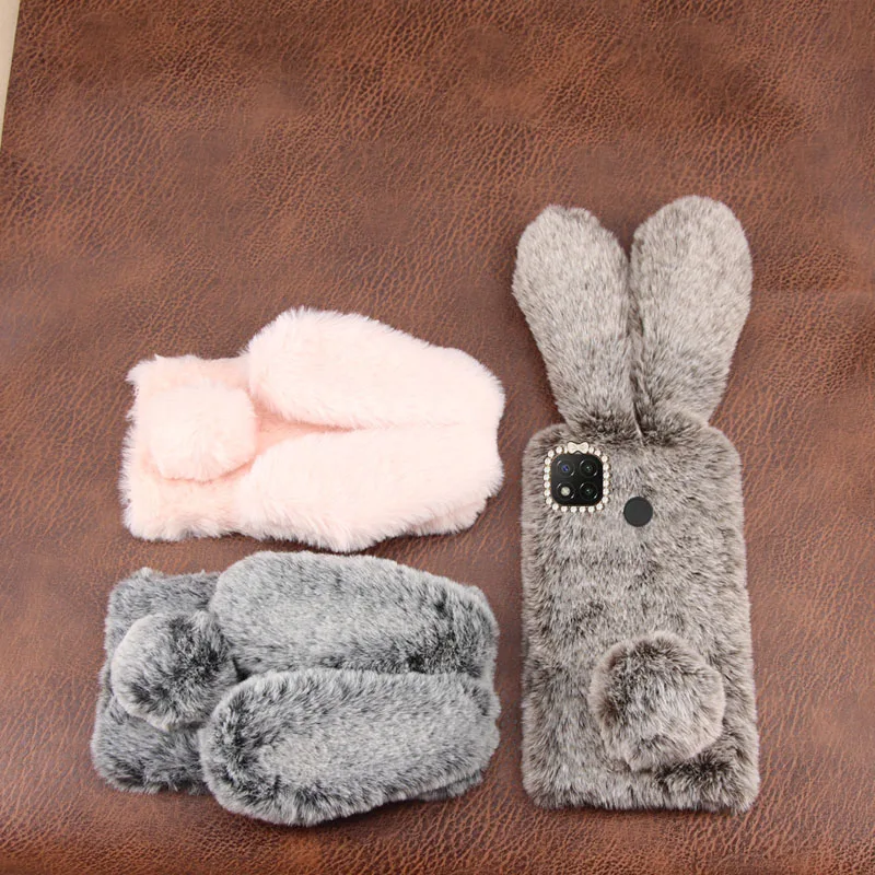 

Case For RedMi 9C fashion hairy winter Keep warm Rabbit fur diamond soft Silicone Back Cover For RedMi 9C Phone Cases Cover