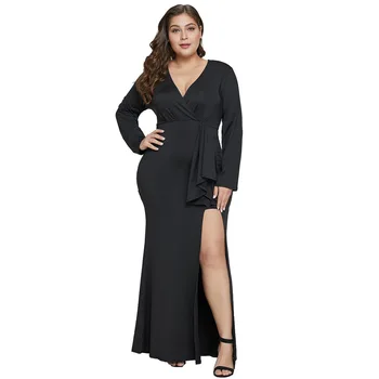 

Loose Dress New Sexy V-neck Long Sleeve High Waist Pleated dress Slit Split Mini Dress women dress club dress