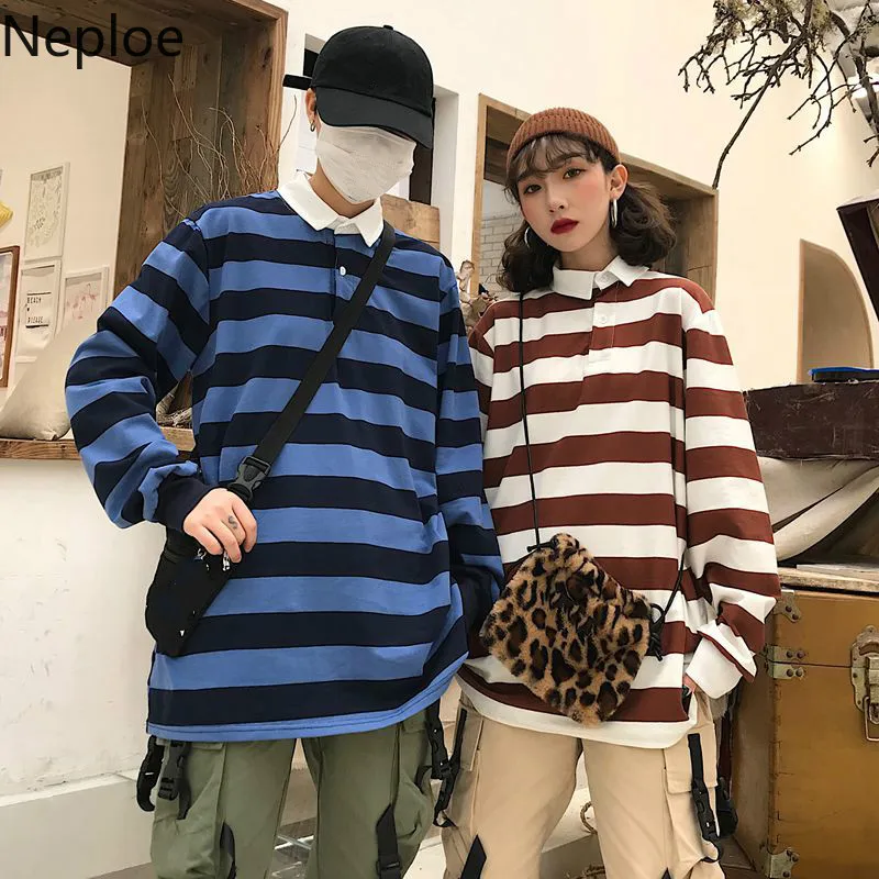 

Neploe 2019 New Harajuku BF Striped Oversized Shirt Turn Down Collar Long Sleeve Tshirt Women Men Causal Autumn T Shirts 53658