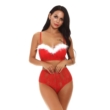 

Women Sexy Two Piece Feathers Santa Babydoll Lingerie Christmas Gifts Theme Solid Red Faux Fur Trim Exotic Sets Sleep Set