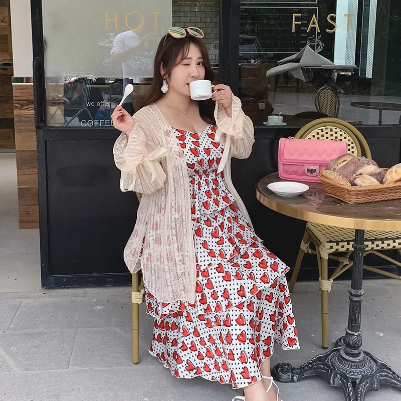 [Xuan chen] летнее Новое Стильное платье большого размера, платье в горошек, кружевной кардиган, поколение полных 6844