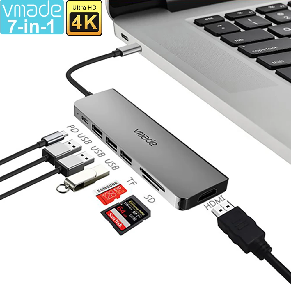 

USB C HUB 7 Port USB HUB to USB 3.0 Dock Support MacBook Pro Air 4K HD Video Output 100W PD Power Supply SD TF Adapter
