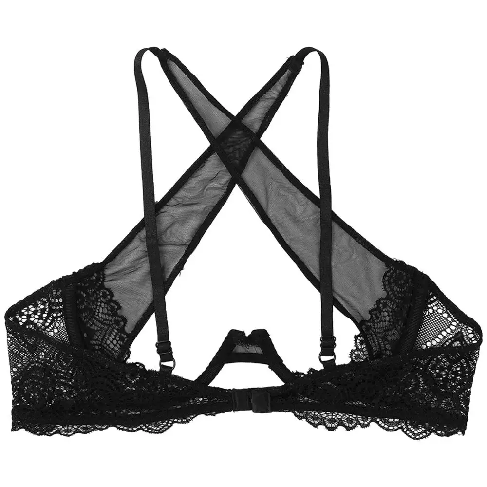 Womens See Through Sheer Mesh Braltte Lingerie Spaghetti Straps Crisscross Llace Trim Hollow Out Breast Uncderwired Cups Bra Top - Image 3